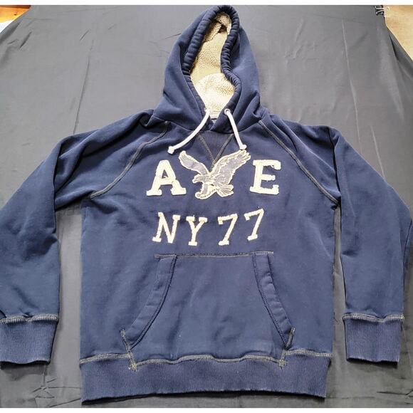 American Eagle Teen's Embroidered Distressed Blue Hoodie Size M AE NY 77 - Picture 1 of 10